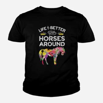 Life Is Better With Horses Around Horse Riding Flower Youth T-shirt | Crazezy DE