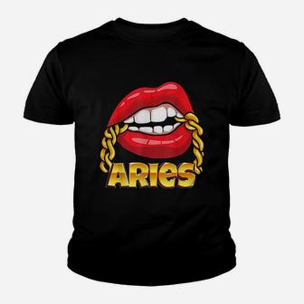 Lips Gold Chain Aries Zodiac Sign Youth T-shirt | Crazezy CA