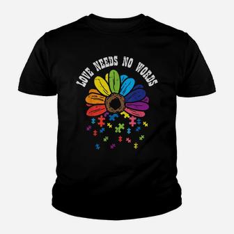 Love Needs No Words Flower Puzzle Autism Awareness Mom Dad Youth T-shirt | Crazezy