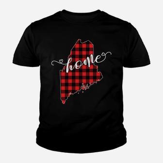 Maine Me State Outline Home Christmas Red Buffalo Plaid Gift Youth T-shirt | Crazezy