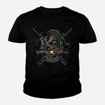 Marine Devil Dog First In Last Out Youth T-shirt | Crazezy