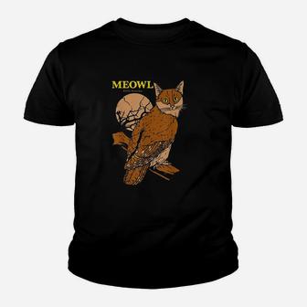 Meowl Cat Owl With Tree And Full Moon Youth T-shirt | Crazezy