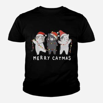 Merry Catmas Meowy Cutes Three Cat Santa Hat Christmas Sweatshirt Youth T-shirt | Crazezy DE