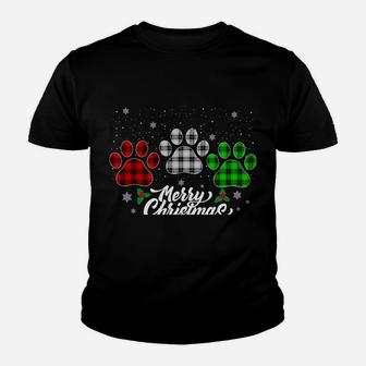Merry Christmas Buffalo Plaid Shirt Red White Green Dog Paws Youth T-shirt | Crazezy