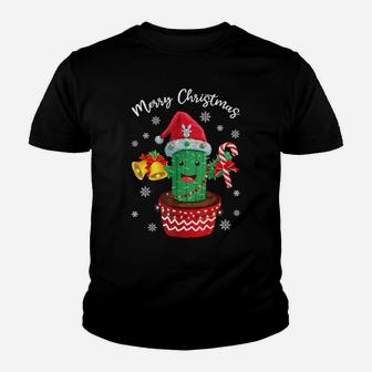 Merry Christmas Cute Cactus Santa Hat Candy Cane Funny Xmas Youth T-shirt | Crazezy