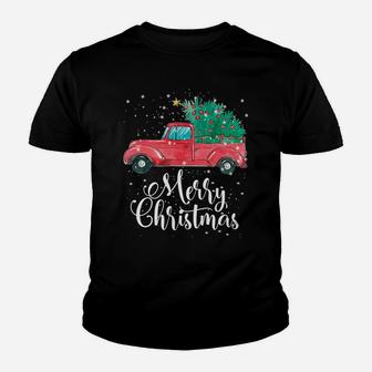 Merry Christmas Red Truck Pick Up Tree Family Pajama Gift Youth T-shirt | Crazezy CA