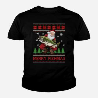 Merry Fishmas Santa Fishing Ugly Christmas Sweater Style Youth T-shirt | Crazezy CA