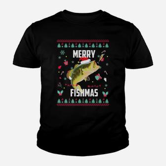 Merry Fishmas Ugly Christmas Bass Santa Hat Christmas Pajama Youth T-shirt | Crazezy DE