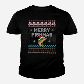 Merry Fishmas Ugly Christmas Fishing Long Sleeve Shirt Youth T-shirt | Crazezy