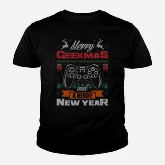 Merry Geekmas And A Nerdy New Year Ugly Christmas Sweater Youth T-shirt | Crazezy
