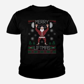 Merry Liftmas Ugly Christmas Sweater Santa Claus Gym Workout Sweatshirt Youth T-shirt | Crazezy