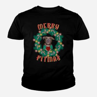 Merry Pitmas Pitbull Dog Christmas Candy Canes Glow Wreath Sweatshirt Youth T-shirt | Crazezy AU