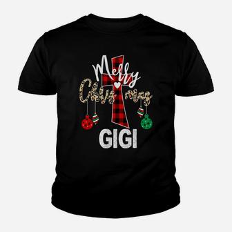 Merry Xmas Gigi God Cross Christian Buffalo Plaid & Leopard Sweatshirt Youth T-shirt | Crazezy