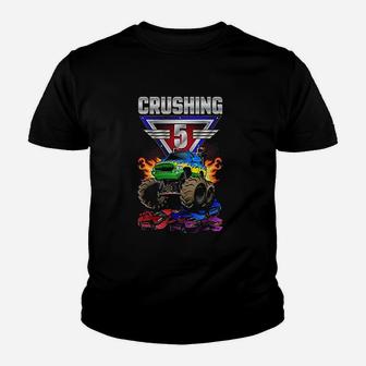 Monster Trucks Crushing 5 5Th Birthday Five Year Old Youth T-shirt | Crazezy DE