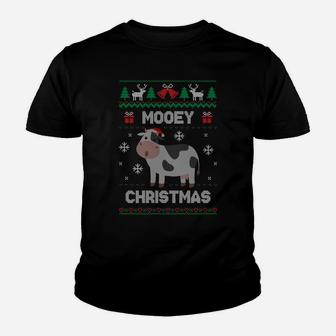 Mooey Christmas Cow Santa Claus Hat Ugly Christmas Sweater Youth T-shirt | Crazezy