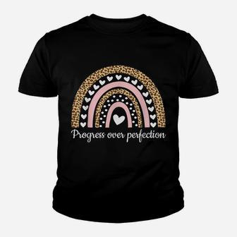 Motivational Progress Over Perfection Rainbow Teacher Youth T-shirt | Crazezy