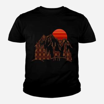 Mountains And Setting Sun Print Using Deer Pattern Youth T-shirt | Crazezy