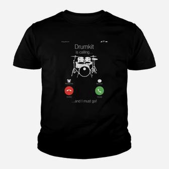Musiker Humor Kinder Tshirt Drumkit ruft... und ich muss gehen mit Telefon-Witz - Schwarz - Seseable