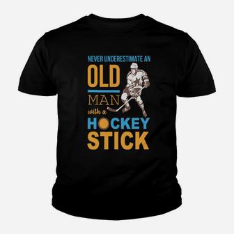 Never Underestimate An Old Man With A Hockey Stick Youth T-shirt - Monsterry