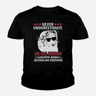 Never Underestimate An Old Woman With An Australian Shepherd Youth T-shirt - Monsterry