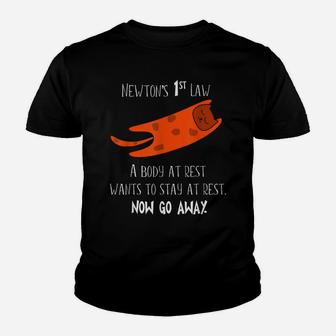 Newton First Law Cat Body At Rest Physics Funny Gift Idea Youth T-shirt | Crazezy