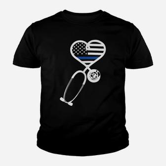 Nurse Police Wife Officer Thin Blue Line Heart Flag Youth T-shirt | Crazezy