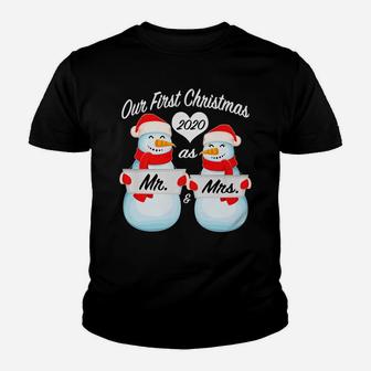 Our First Christmas As Mr And Mrs Matching Pj Snowman Couple Youth T-shirt | Crazezy UK