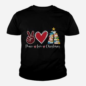 Peace Love Christmas Tshirt - Funny Christmas Tree Book Tree Youth T-shirt | Crazezy