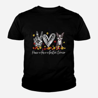 Peace Loves Boston Terrier Autumn Leaves Thanksgiving Gifts Youth T-shirt | Crazezy