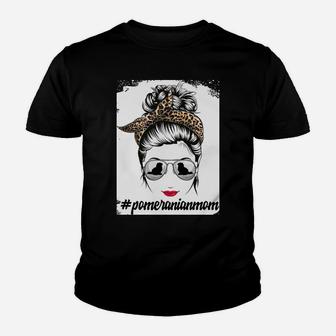 Pomeranian Dog Mom Bleached Messy Bun Leopard Women Sweatshirt Youth T-shirt | Crazezy AU