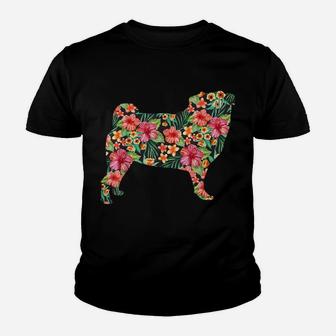 Pug Flower Funny Dog Silhouette Floral Gifts Women Men Youth T-shirt | Crazezy