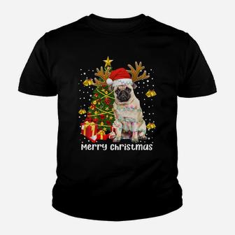 Pug Santa Christmas Tree Lights Xmas Reindeer Funny Pug Dog Youth T-shirt | Crazezy CA