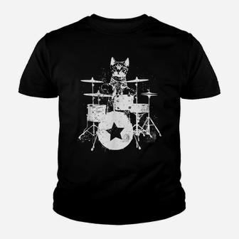 Punk Rockstar Kitten Kitty Cat Drummer Playing Drums Graphic Youth T-shirt | Crazezy DE