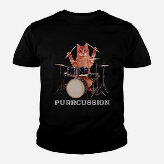 Purrcussion - Funny Cat Drummer On Drum Set Percussion Pun Youth T-shirt | Crazezy