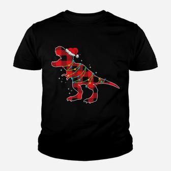 Red Plaid Dinosaur Christmas Lights Funny Santa Hat Youth T-shirt | Crazezy