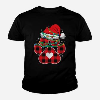 Red Plaid Dog Paw Print Christmas Lights Funny Santa Hat Youth T-shirt | Crazezy