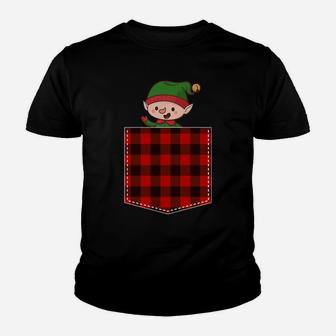 Red Plaid Elf In Pocket Buffalo Family Pajama Christmas Youth T-shirt | Crazezy
