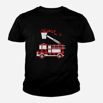 Red Plaid Fire Truck Funny Fireman Valentines Day Gift Youth T-shirt | Crazezy AU