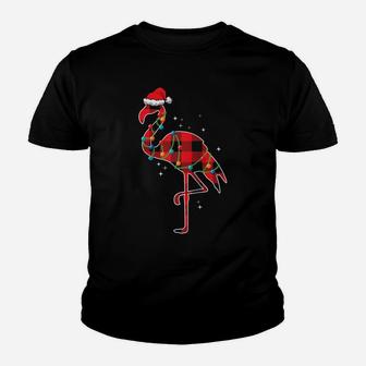 Red Plaid Flamingo Christmas Lights Funny Santa Hat Raglan Baseball Tee Youth T-shirt | Crazezy