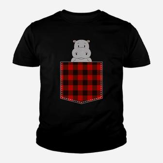Red Plaid Hippopotamus In Pocket Buffalo Family Pajama Hippo Youth T-shirt | Crazezy