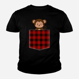 Red Plaid Monkey In Pocket Buffalo Family Pajama Christmas Youth T-shirt | Crazezy