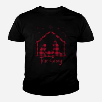 Red Plaid True Story Of Jesus Birth Christmas Nativity Youth T-shirt | Crazezy
