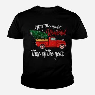 Red Truck Pick Up Christmas Tree Most Wonderful Time Of Year Youth T-shirt | Crazezy AU