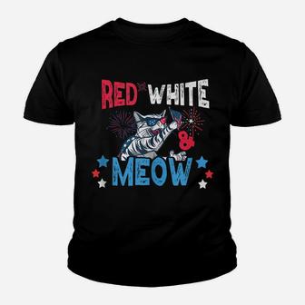 Red White & Meow Shirt Funny Cat Celebrating 4Th Of July Youth T-shirt | Crazezy