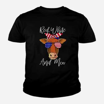 Red White And Moo Patriotic Cow Usa Flag Funny 4Th Of July Youth T-shirt | Crazezy CA