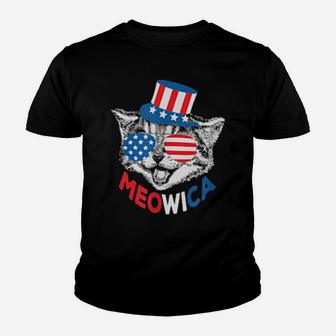 Red White Blue Cat 4Th Of July Meowica American Flag Youth T-shirt - Monsterry