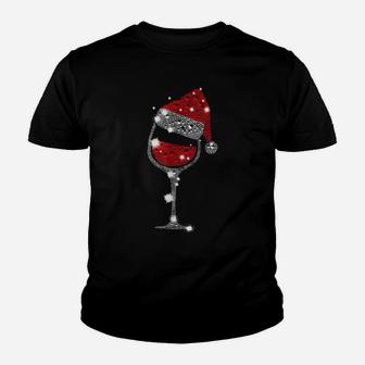 Red Wine Glass Christmas Funny Santa Hat Xmas Holiday Gift Youth T-shirt | Crazezy