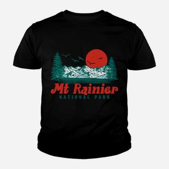 Retro Mount Rainier Mountain Trees & Sun Scene Graphic Sweatshirt Youth T-shirt | Crazezy