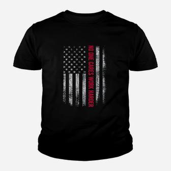 Retro Vintage No One Cares Work Harder Usa Flag Workout Gym Youth T-shirt | Crazezy