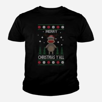 Retro Xmas Sock Monkey Merry Christmas Y'all Reindeer Sweatshirt Youth T-shirt | Crazezy AU